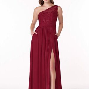 Azazie Maroon Lace Front Slit One Shoulder Maxi Dress Sz 6 Wedding Formal Event